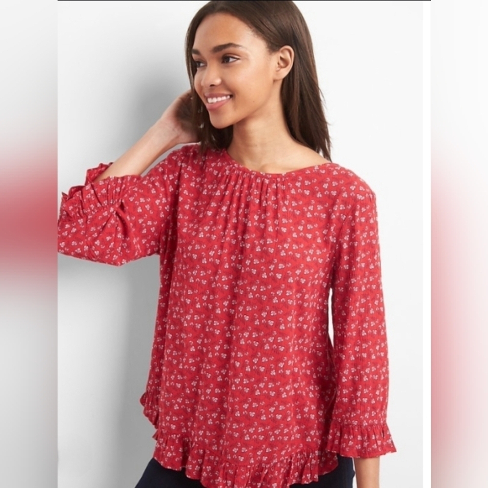 GAP Ruffle Swing Top XS Red Floral Pintuck Blouse Boho Casual Nature